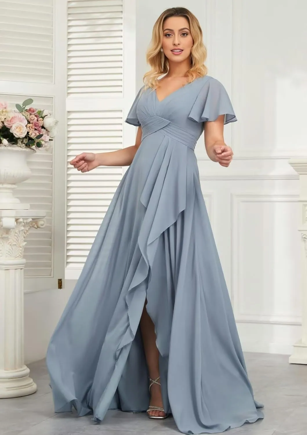BANTRATIC Bridesmaid Dress with Pockets Ruffle Sleeve Slit V-Neck Empire Waist Long Chiffon Wedding Guest Formal Gown