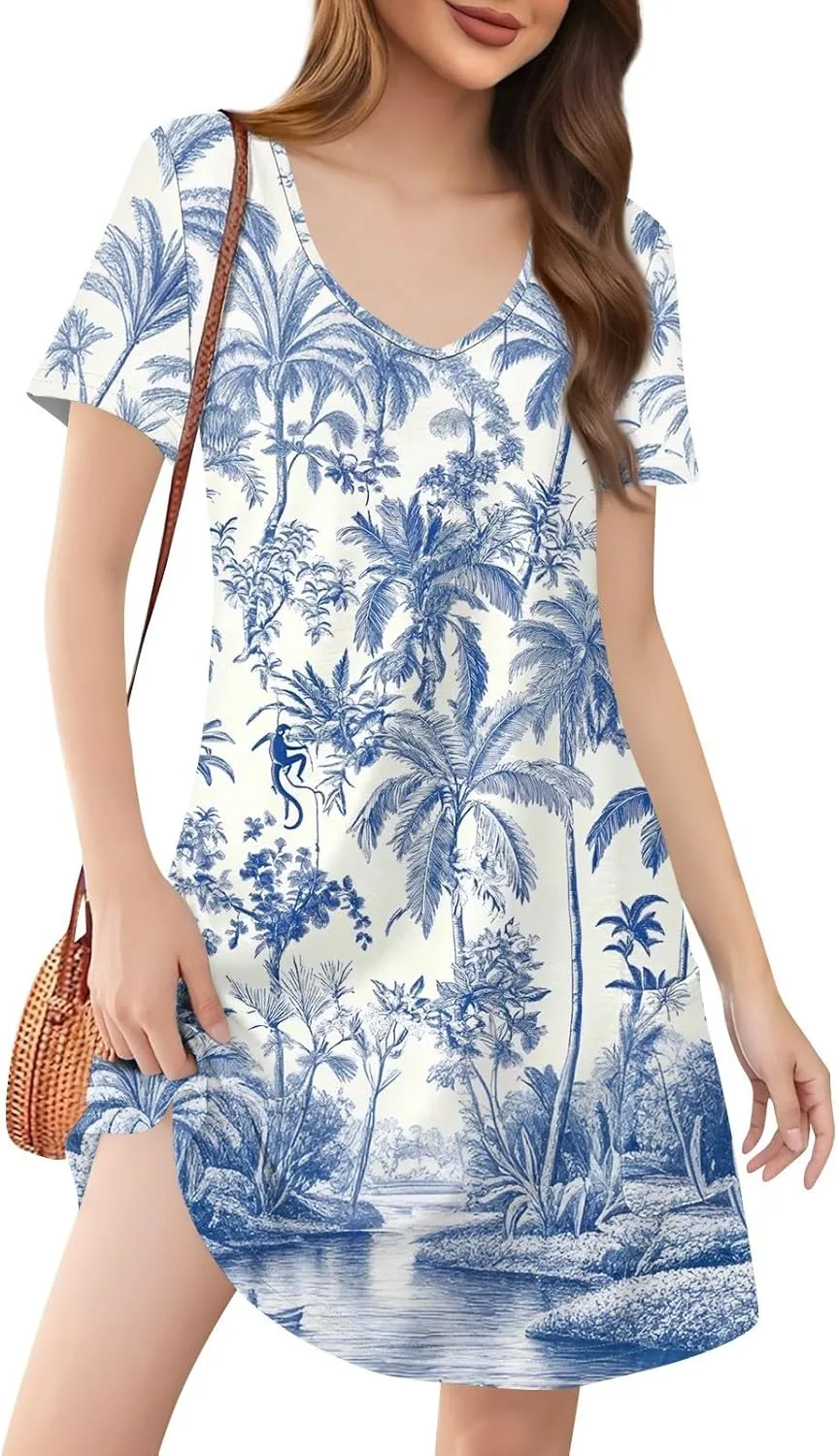 Beach Vocation Clothes for Women Casual Sundress Summer Beach Dress Floral T-Shirts Dress V Neck Loose Dresses