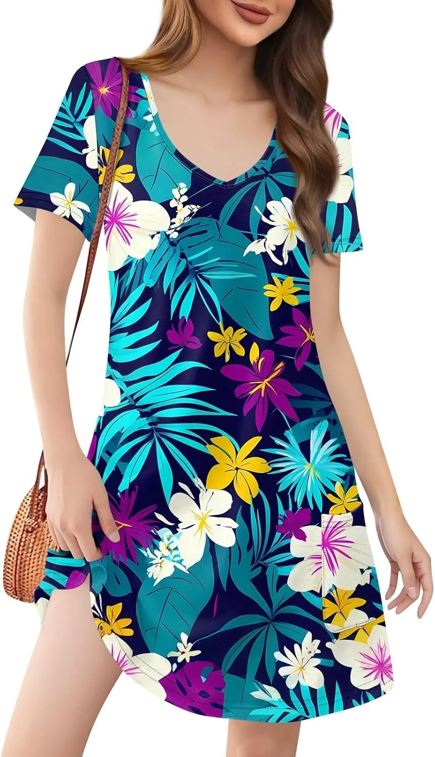 Beach Vocation Clothes for Women Casual Sundress Summer Beach Dress Floral T-Shirts Dress V Neck Loose Dresses