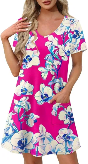 Beach Vocation Clothes for Women Casual Sundress Summer Beach Dress Floral T-Shirts Dress V Neck Loose Dresses