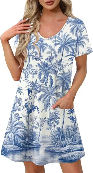 Beach Vocation Clothes for Women Casual Sundress Summer Beach Dress Floral T-Shirts Dress V Neck Loose Dresses
