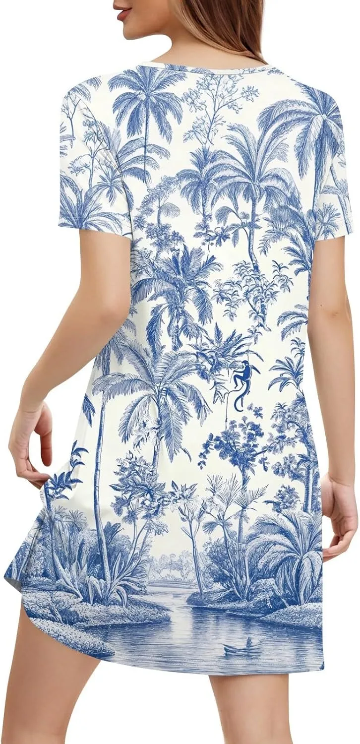 Beach Vocation Clothes for Women Casual Sundress Summer Beach Dress Floral T-Shirts Dress V Neck Loose Dresses