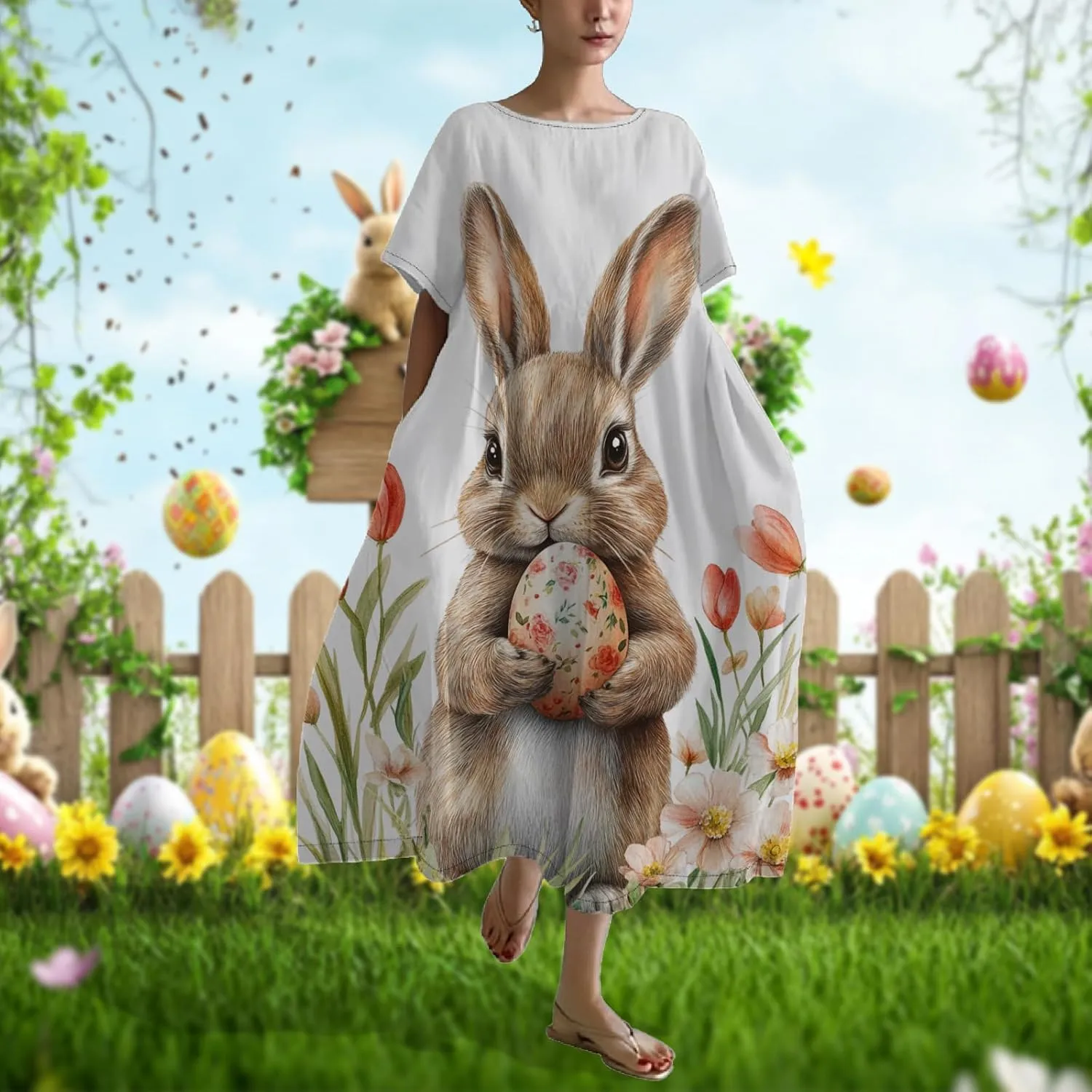 Bengbobar Easter Dress for Women, Bunny Eggs Print Maxi Dress, Short Sleeve Cotton Dress Flowy Chic Beach Summer Sundress