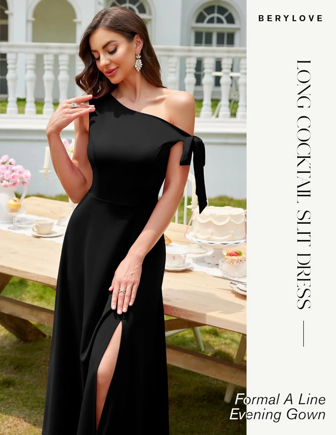 BeryLove Women's Formal Elegant Wedding Guest Dresses One Shoulder A Line Maxi Cocktail Slit Dress