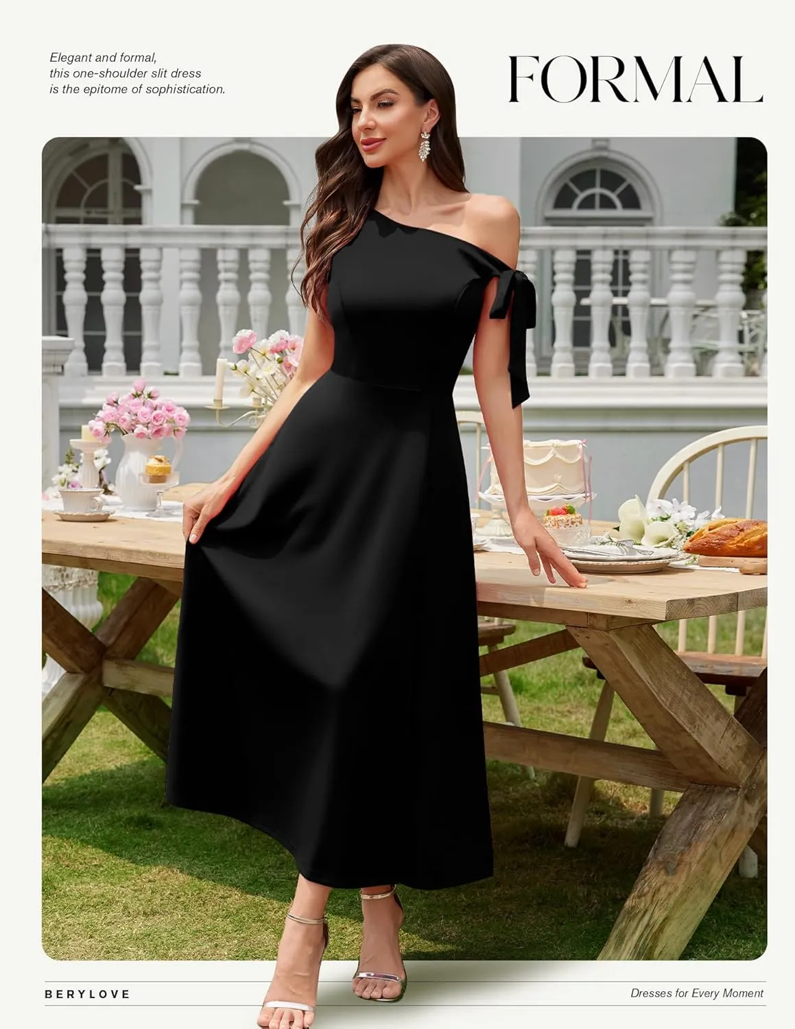 BeryLove Women's Formal Elegant Wedding Guest Dresses One Shoulder A Line Maxi Cocktail Slit Dress