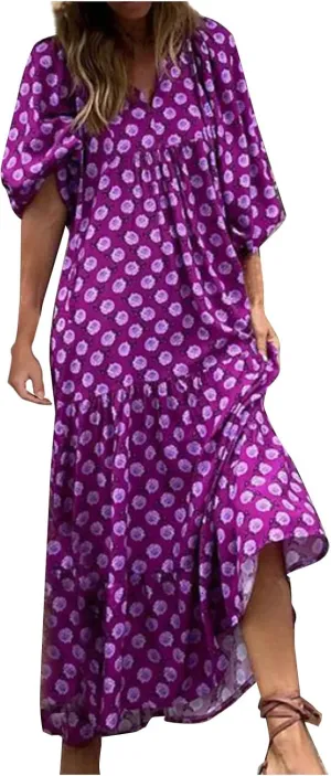 Boho Maxi Dresses for Women 2025 Casual Smocked Geometric Print Puffy Sleeve Dress with Tie Loose Soft Swing Long Dress