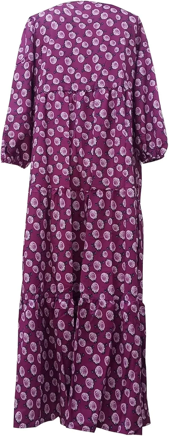 Boho Maxi Dresses for Women 2025 Casual Smocked Geometric Print Puffy Sleeve Dress with Tie Loose Soft Swing Long Dress