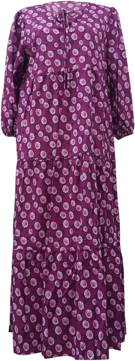 Boho Maxi Dresses for Women 2025 Casual Smocked Geometric Print Puffy Sleeve Dress with Tie Loose Soft Swing Long Dress