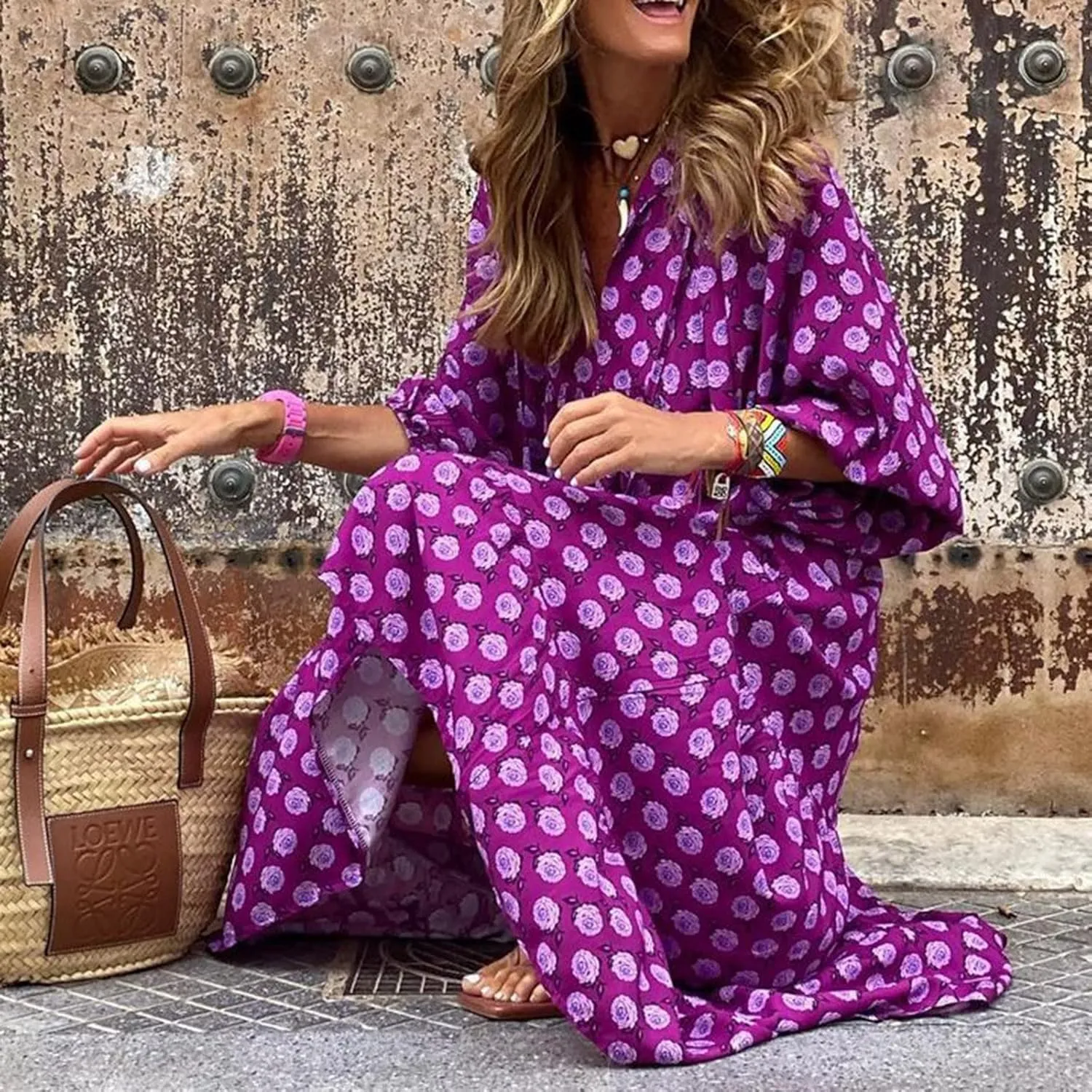Boho Maxi Dresses for Women 2025 Casual Smocked Geometric Print Puffy Sleeve Dress with Tie Loose Soft Swing Long Dress