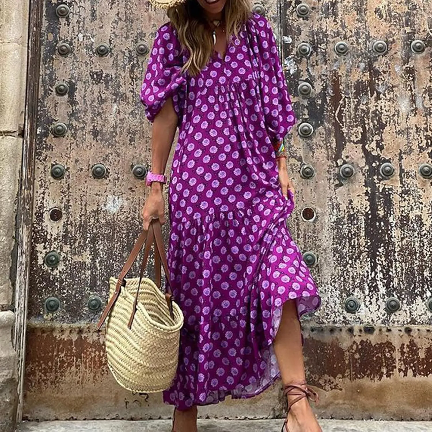 Boho Maxi Dresses for Women 2025 Casual Smocked Geometric Print Puffy Sleeve Dress with Tie Loose Soft Swing Long Dress