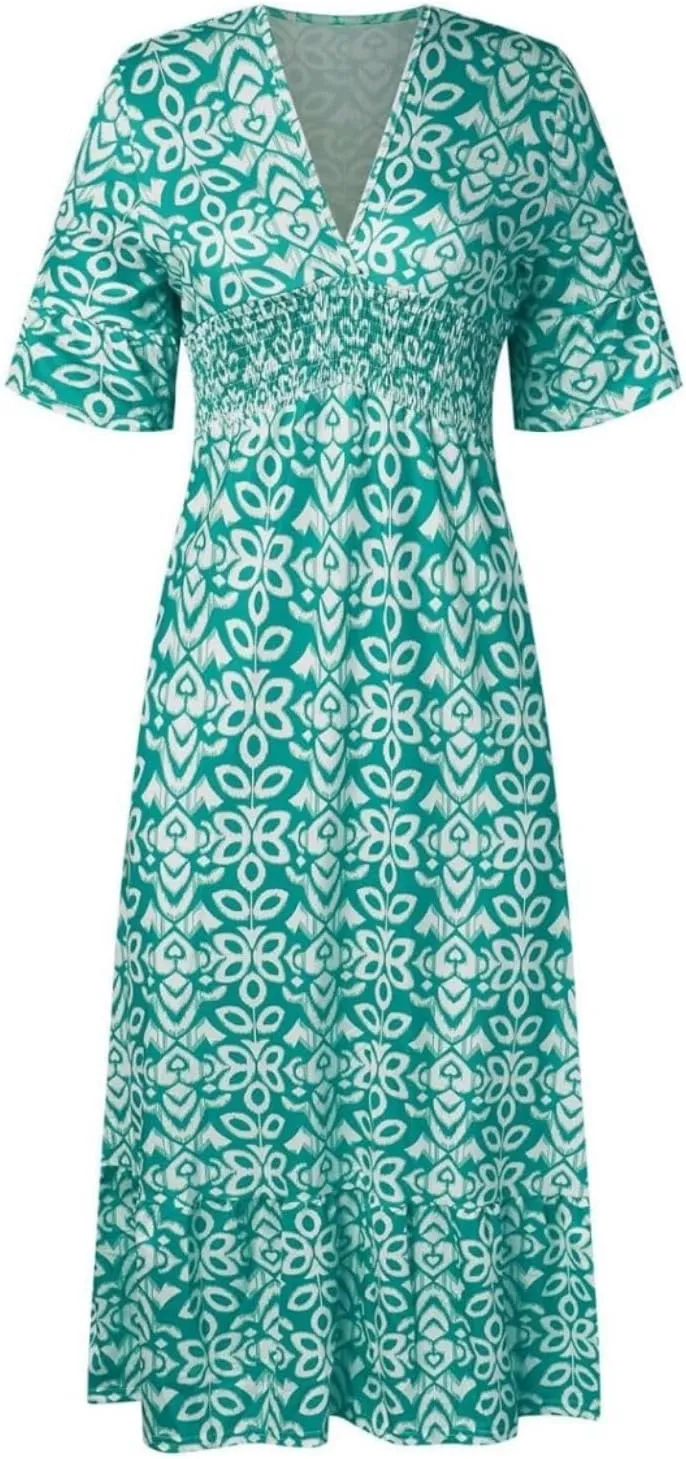 Boho Print Dresses for Women Floral V-Neck Short Sleeve Summer Maxi Dress 2024 Casual Waist Wrap Long Dress Plus Size