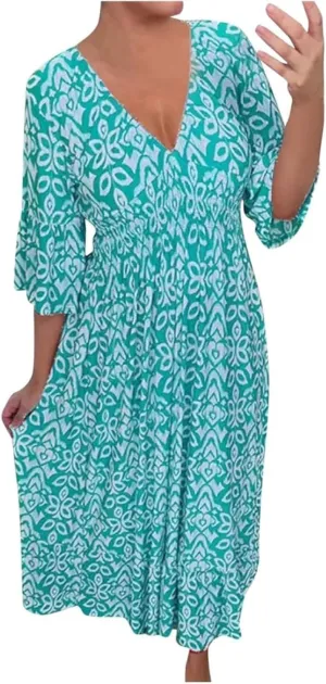 Boho Print Dresses for Women Floral V-Neck Short Sleeve Summer Maxi Dress 2024 Casual Waist Wrap Long Dress Plus Size