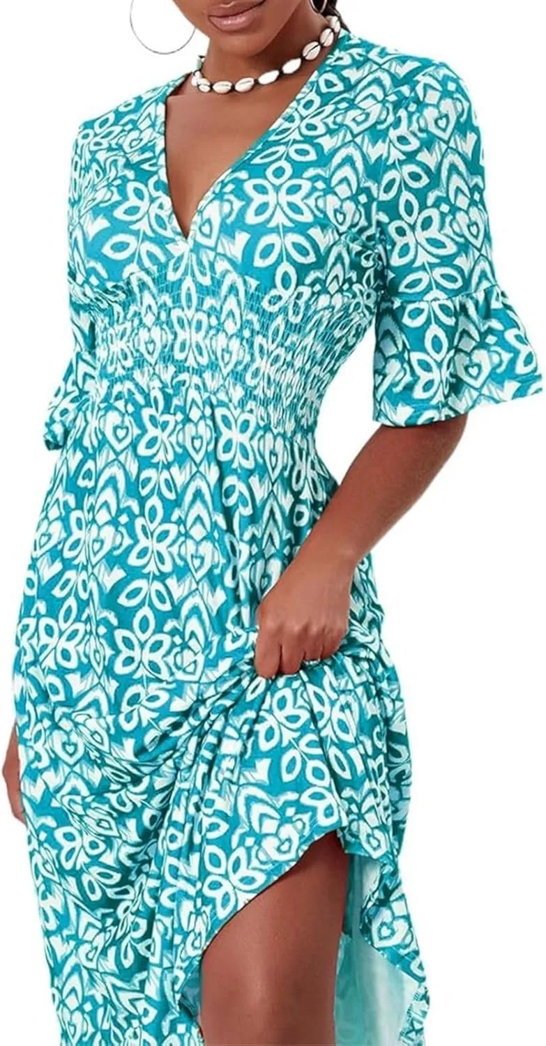 Boho Print Dresses for Women Floral V-Neck Short Sleeve Summer Maxi Dress 2024 Casual Waist Wrap Long Dress Plus Size