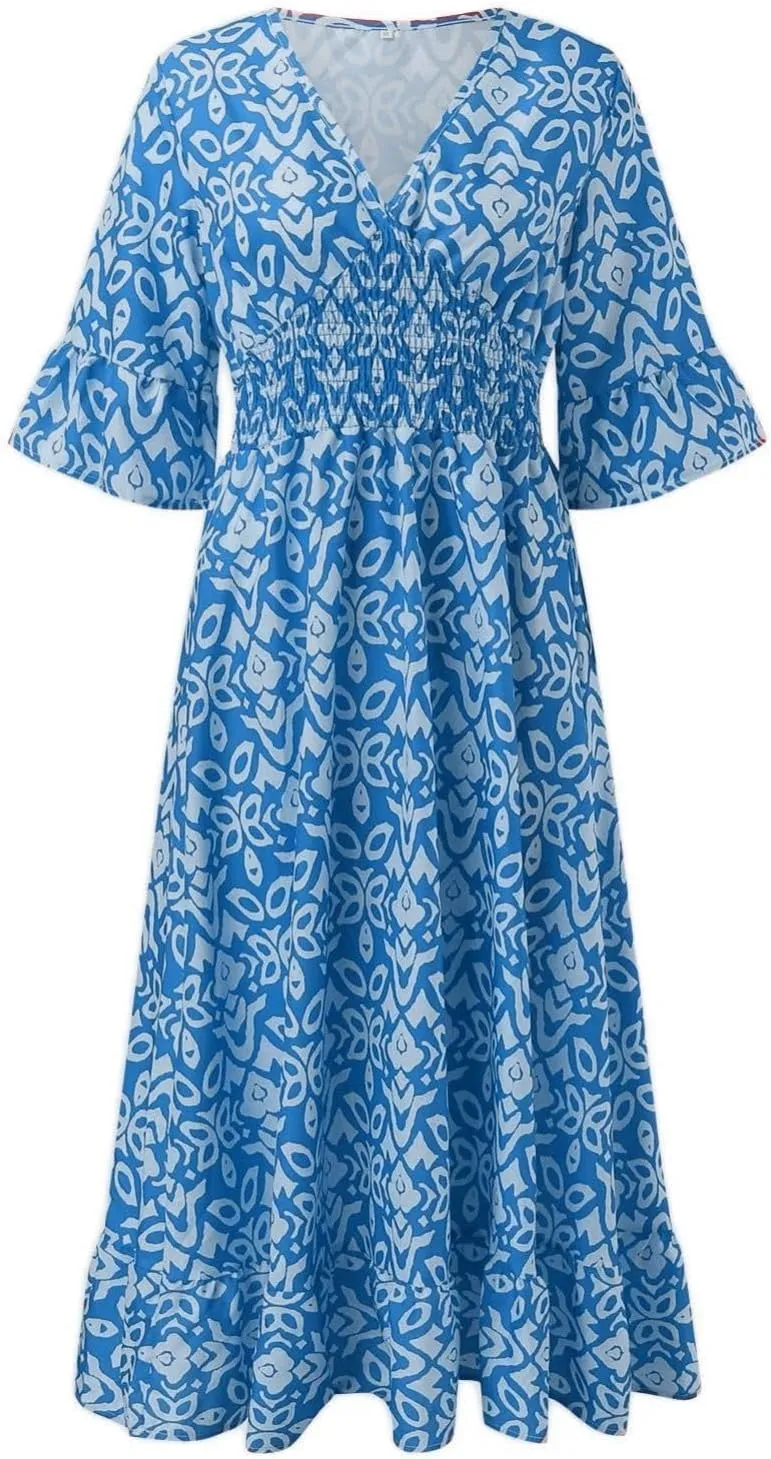 Boho Print Dresses for Women Floral V-Neck Short Sleeve Summer Maxi Dress 2024 Casual Waist Wrap Long Dress Plus Size