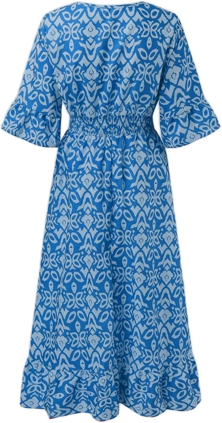 Boho Print Dresses for Women Floral V-Neck Short Sleeve Summer Maxi Dress 2024 Casual Waist Wrap Long Dress Plus Size