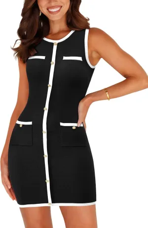 BTFBM Women's 2025 Summer Sweater Dress Sleeveless Ribbed Knit Bodycon Mini Dresses Solid Color Button Short Dress