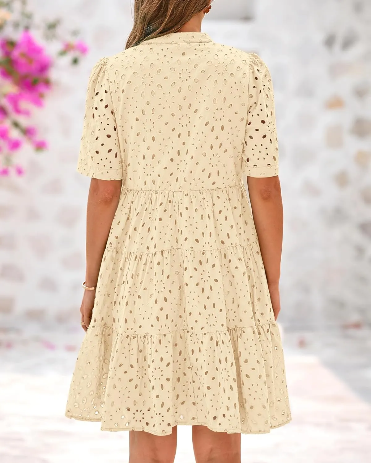 BTFBM Womens Boho Summer Dresses 2025 Resort V Neck Short Sleeve Hollow Out Lace Ruffle Casual Beach Mini Vacation Dress