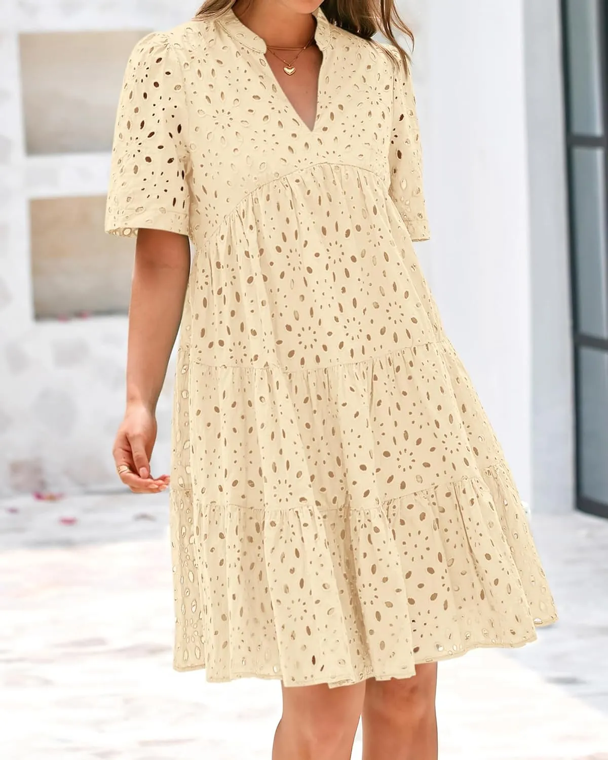 BTFBM Womens Boho Summer Dresses 2025 Resort V Neck Short Sleeve Hollow Out Lace Ruffle Casual Beach Mini Vacation Dress
