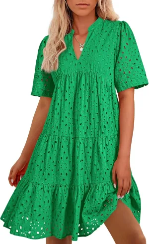 BTFBM Womens Boho Summer Dresses 2025 Resort V Neck Short Sleeve Hollow Out Lace Ruffle Casual Beach Mini Vacation Dress