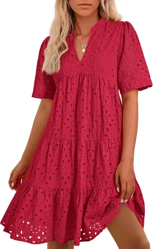 BTFBM Womens Boho Summer Dresses 2025 Resort V Neck Short Sleeve Hollow Out Lace Ruffle Casual Beach Mini Vacation Dress