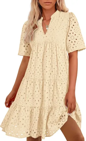 BTFBM Womens Boho Summer Dresses 2025 Resort V Neck Short Sleeve Hollow Out Lace Ruffle Casual Beach Mini Vacation Dress