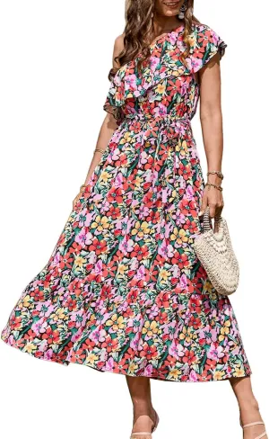 BTFBM Women's One Shoulder Maxi Dress Sleeveless Casual Summer Layered Ruffle Boho Floral Print Party Beach A-Line Dresses