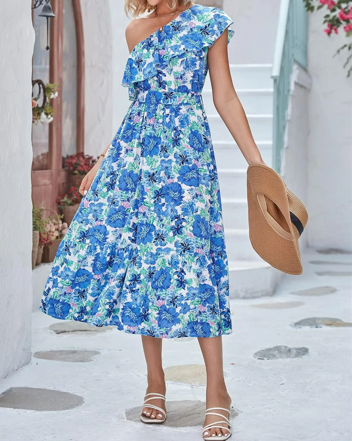 BTFBM Women's One Shoulder Maxi Dress Sleeveless Casual Summer Layered Ruffle Boho Floral Print Party Beach A-Line Dresses