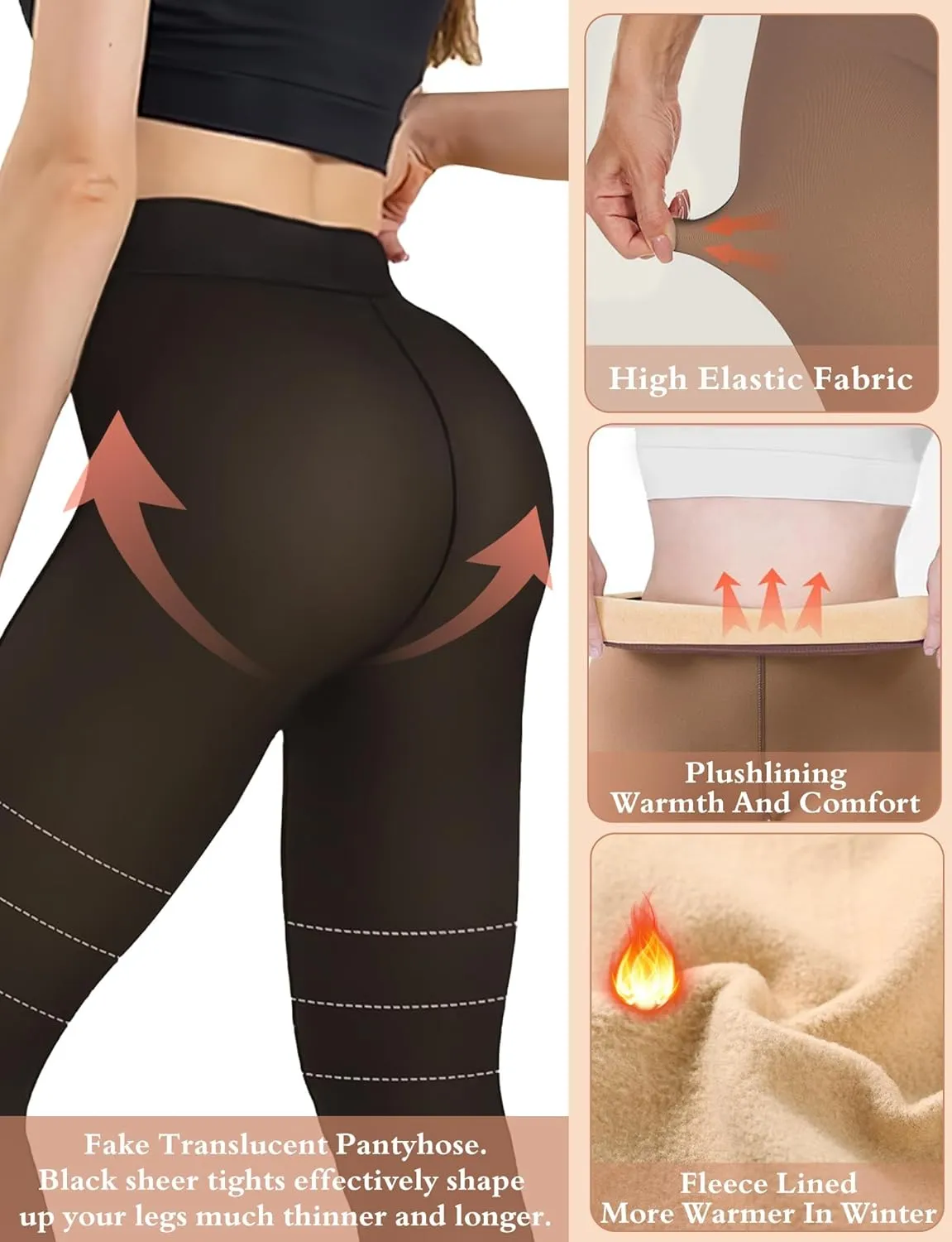 Buauty Fleece Lined Tights for Women - Fake Translucent High Waist Sheer Thermal Leggings, Thick Warm Winter Pantyhose