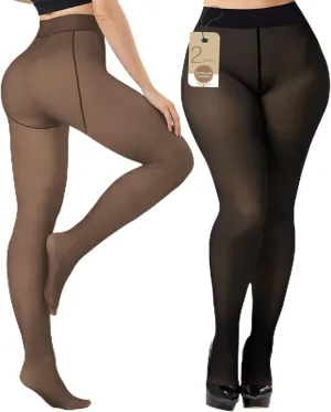 Buauty Fleece Lined Tights for Women - Fake Translucent High Waist Sheer Thermal Leggings, Thick Warm Winter Pantyhose