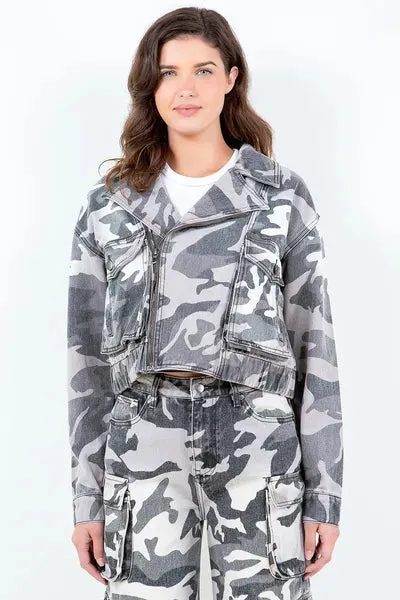 Camouflage Zip Up Cropped Rider Jacket