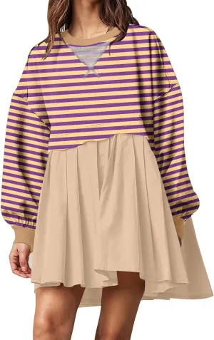 Casual Dresses for Women 2024 Trendy Long Sleeve Fall Pleated Striped Mini Dress Loose Crewneck Ruffle Preppy Clothes