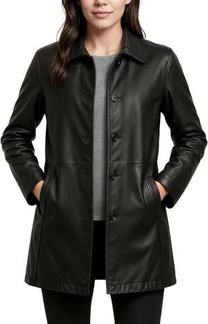 Casual Real Leather Car Coat - 3/4 Length Womens Leather Jacket Winter Fashion Long Leather Jacket