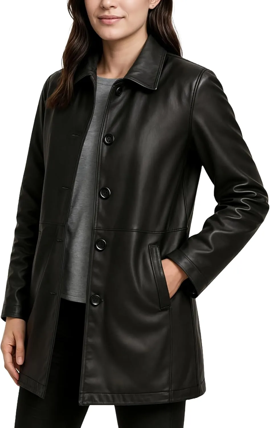 Casual Real Leather Car Coat - 3/4 Length Womens Leather Jacket Winter Fashion Long Leather Jacket
