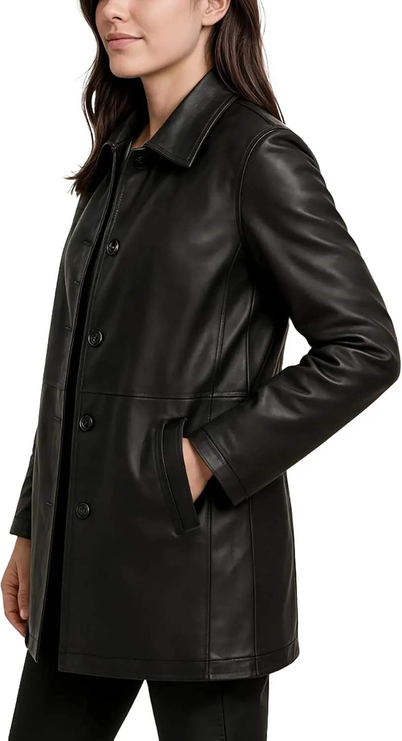 Casual Real Leather Car Coat - 3/4 Length Womens Leather Jacket Winter Fashion Long Leather Jacket
