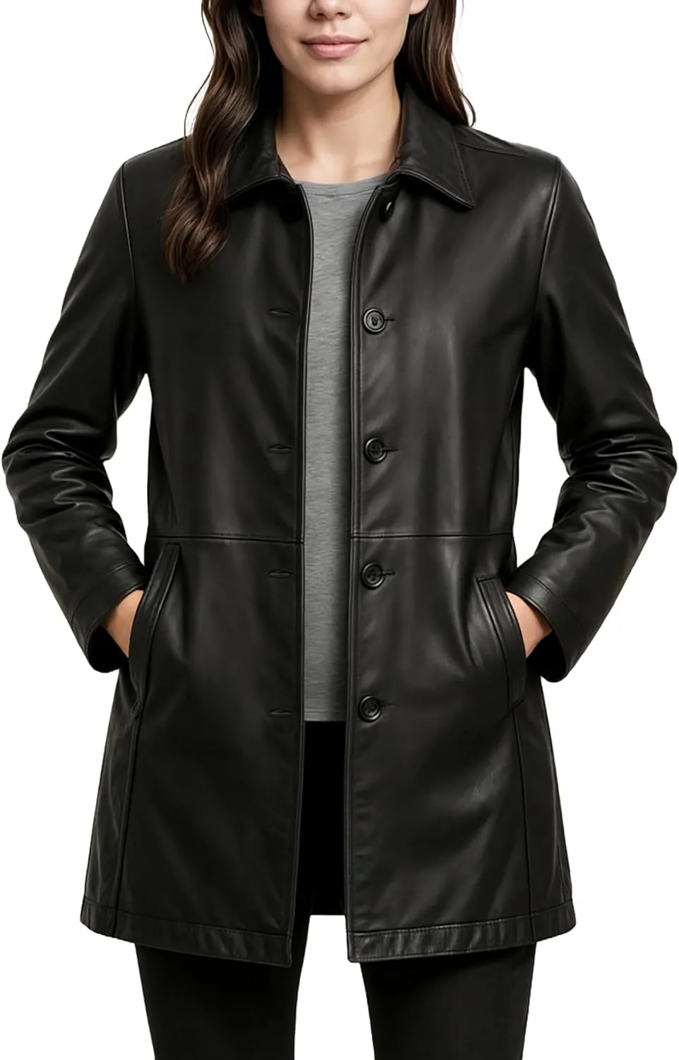 Casual Real Leather Car Coat - 3/4 Length Womens Leather Jacket Winter Fashion Long Leather Jacket