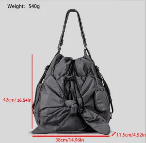 Casual Tie-String Bucket Bag, Large Bow Knot, Soft Padded, Sweet & Chic Style
