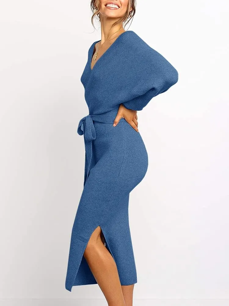 Chang Yun Women's Long Maxi Sweater Dresses Sexy Wrap Batwing V Neck Slit Open Back Holiday Bodycon Dress with Belt
