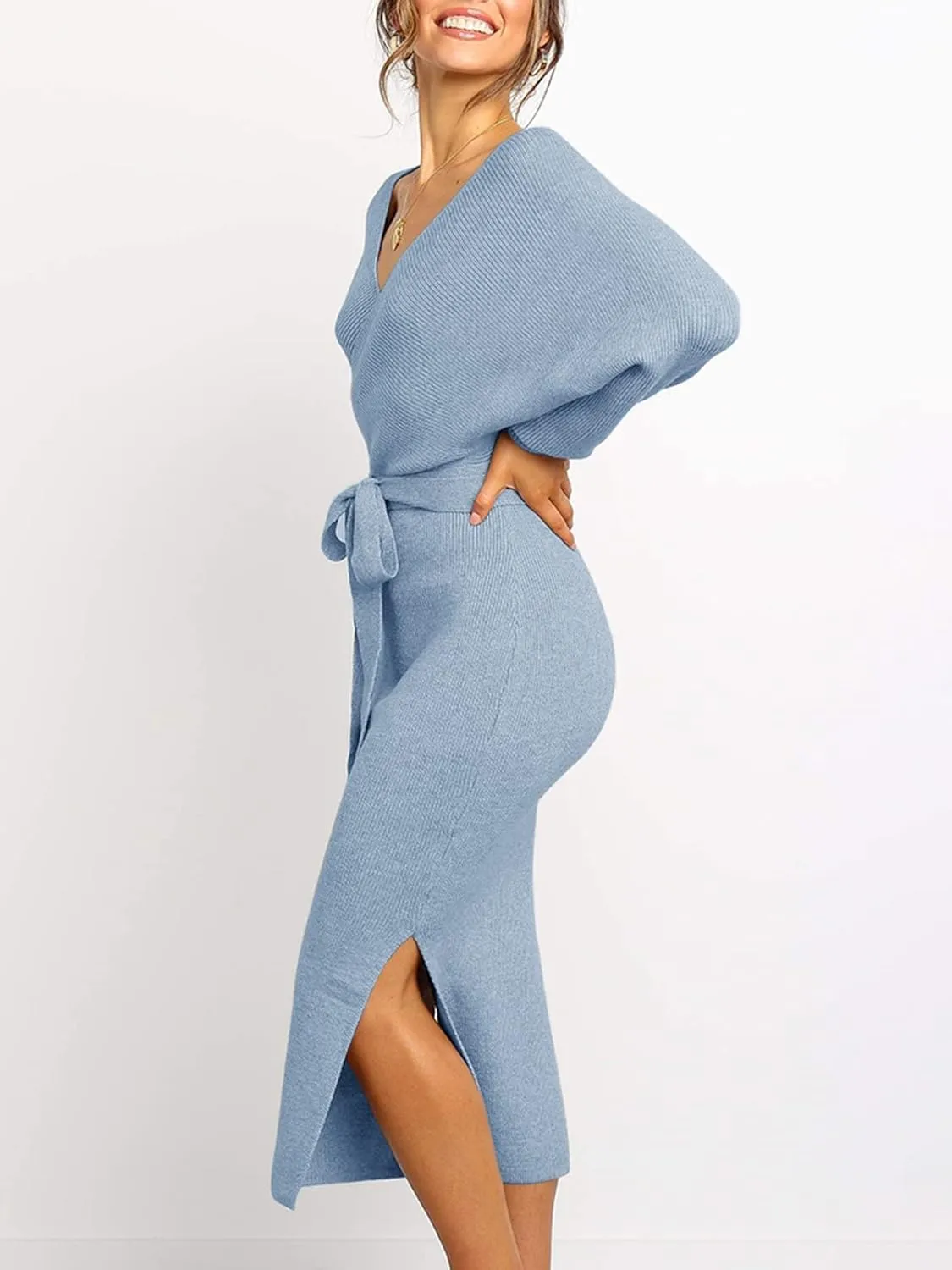 Chang Yun Women's Long Maxi Sweater Dresses Sexy Wrap Batwing V Neck Slit Open Back Holiday Bodycon Dress with Belt