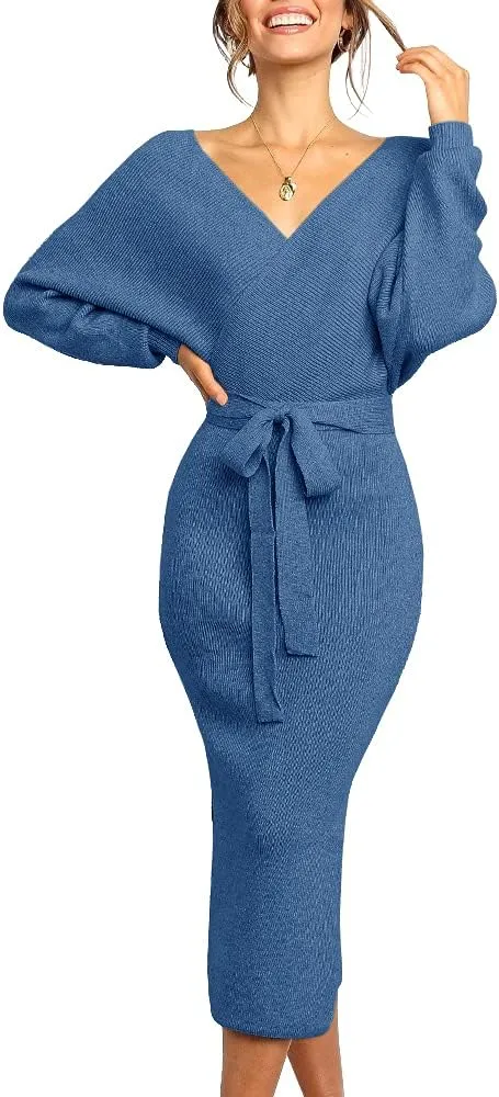 Chang Yun Women's Long Maxi Sweater Dresses Sexy Wrap Batwing V Neck Slit Open Back Holiday Bodycon Dress with Belt