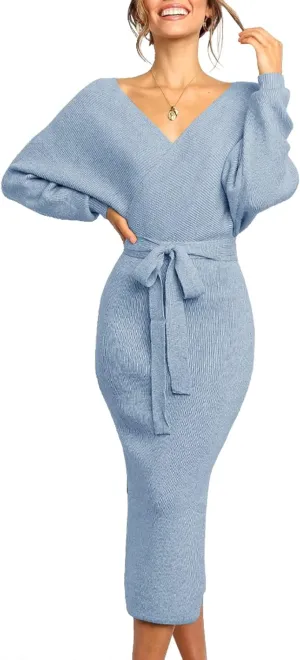 Chang Yun Women's Long Maxi Sweater Dresses Sexy Wrap Batwing V Neck Slit Open Back Holiday Bodycon Dress with Belt