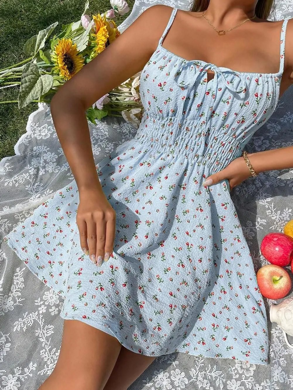 CHARTOU Women Floral Boho Spaghetti Strap Sundress Sleeveless Smocked A Line Mini Dress