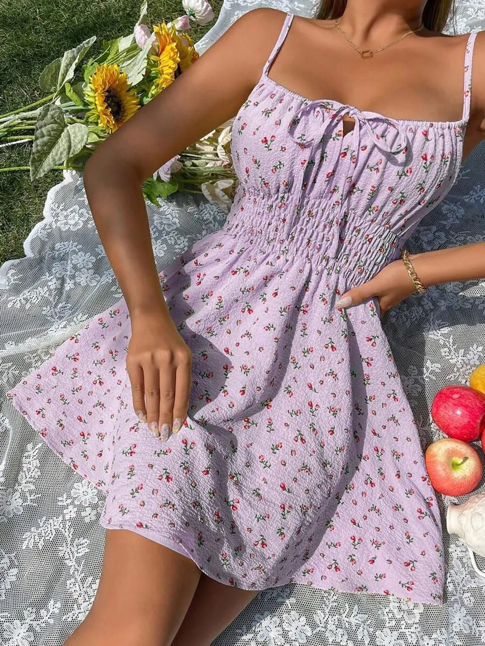 CHARTOU Women Floral Boho Spaghetti Strap Sundress Sleeveless Smocked A Line Mini Dress