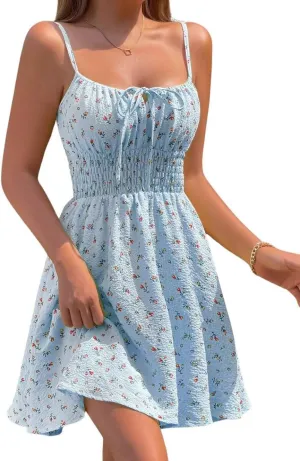 CHARTOU Women Floral Boho Spaghetti Strap Sundress Sleeveless Smocked A Line Mini Dress
