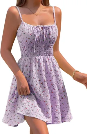 CHARTOU Women Floral Boho Spaghetti Strap Sundress Sleeveless Smocked A Line Mini Dress