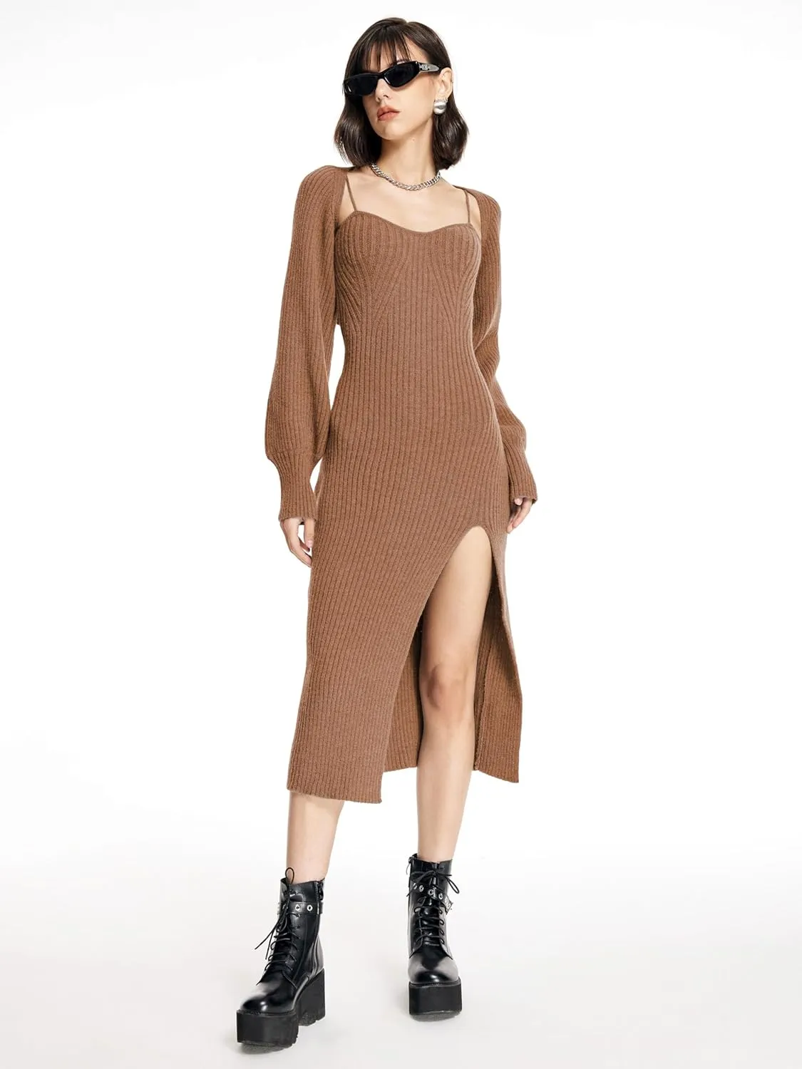 CIDER 2 Piece Sweater Dresses for Women Winter Slit Long Sleeve Womens Midi Dress Pullover Bodycon Wedding Guest Outfits