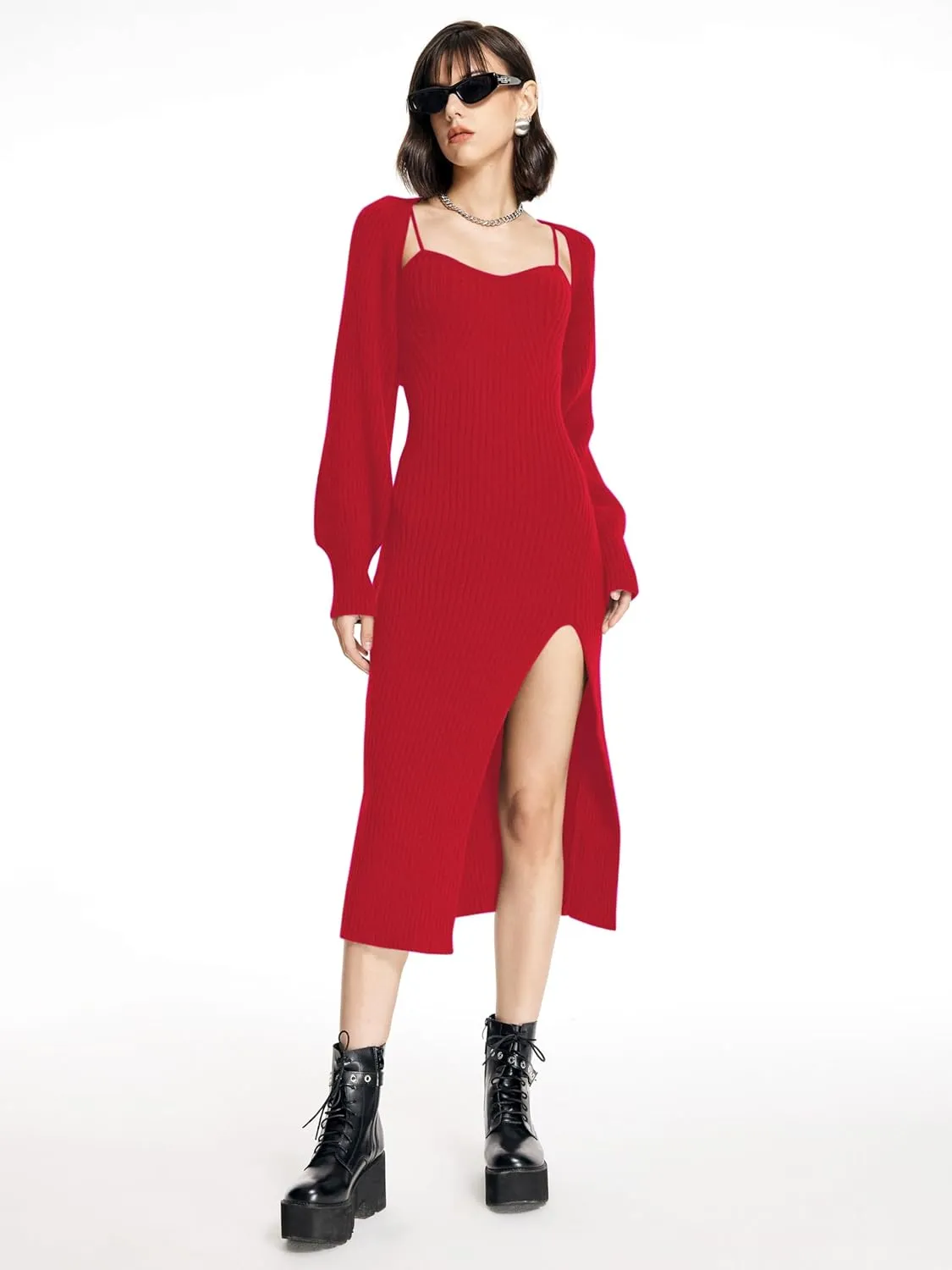 CIDER 2 Piece Sweater Dresses for Women Winter Slit Long Sleeve Womens Midi Dress Pullover Bodycon Wedding Guest Outfits