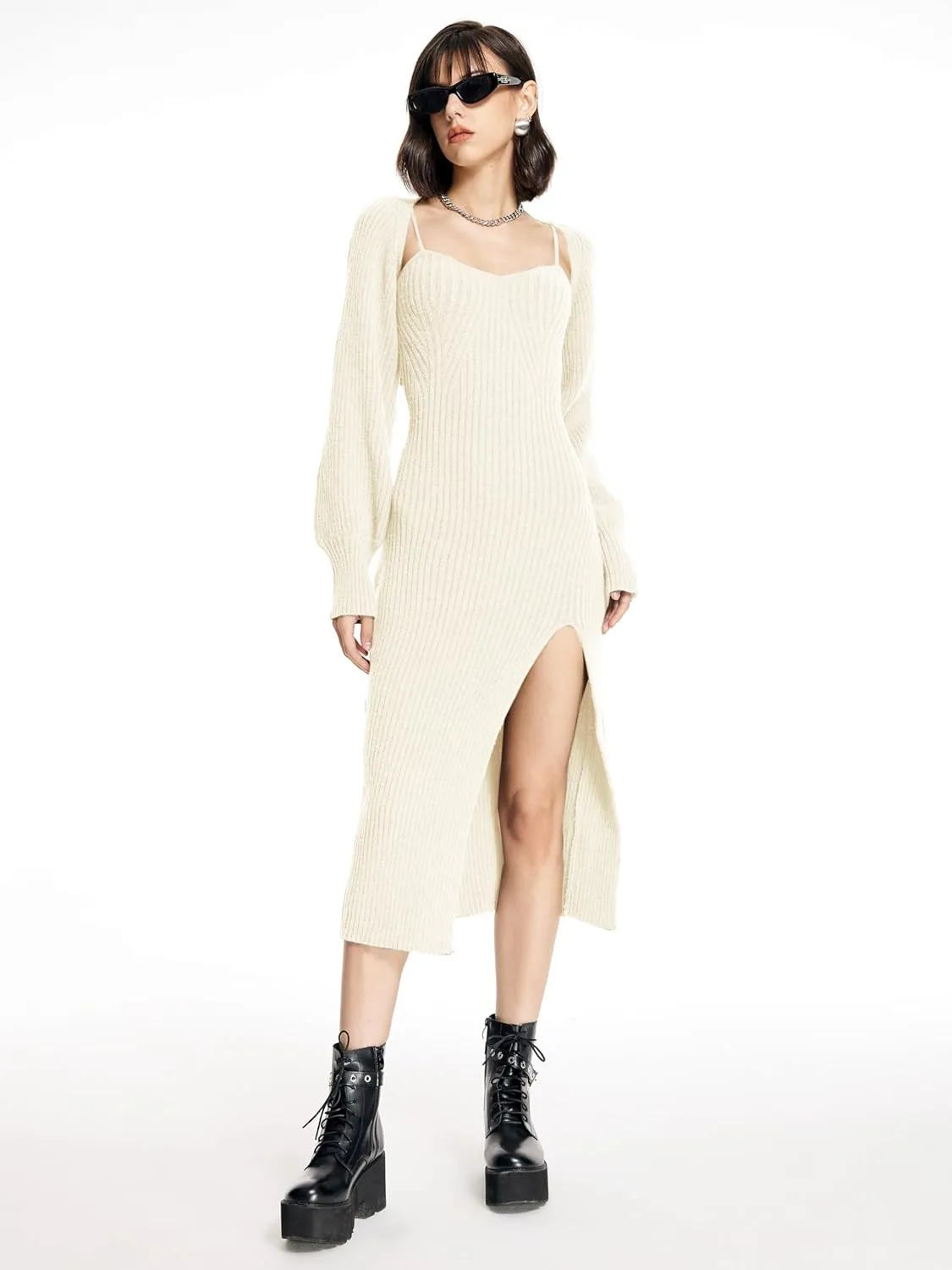CIDER 2 Piece Sweater Dresses for Women Winter Slit Long Sleeve Womens Midi Dress Pullover Bodycon Wedding Guest Outfits