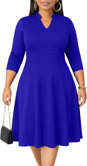 CLOCOR Plus Size Dress for Women Semi Formal Church 3/4 Sleeve Fit and Flare Casual Dresses V Neck with Pockets