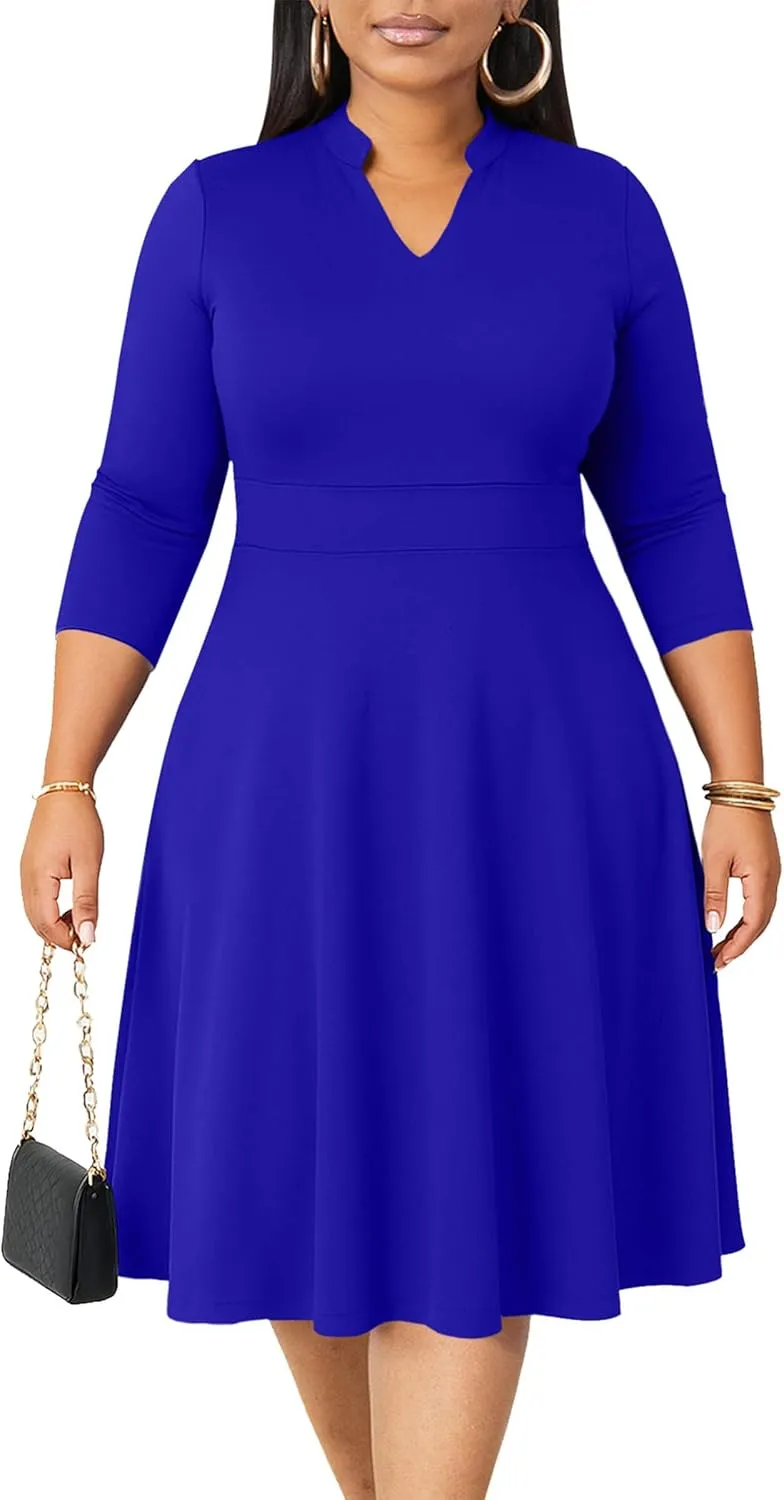CLOCOR Plus Size Dress for Women Semi Formal Church 3/4 Sleeve Fit and Flare Casual Dresses V Neck with Pockets