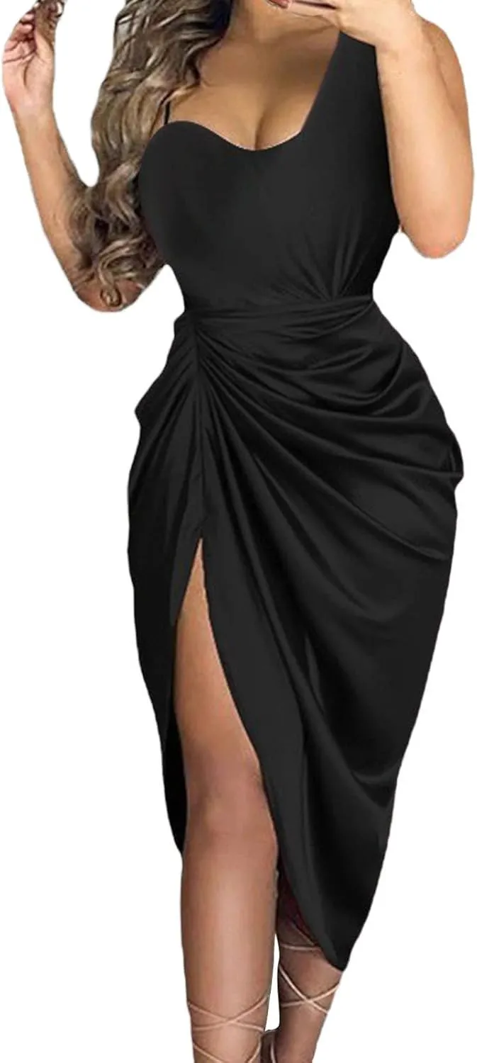 Cocktail Dresses for Women Sequin Bodycon Sexy One Shoulder Slit Midi Dress Summer Formal Elegant Plus Size Dress